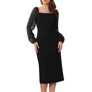 Formal Square Neck Mesh Long Sleeve Evening Cocktail Pencil Dress Black